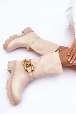 Online Boto Skórzane Kozaki Na Płaskim Obcasie Beżowe Diominna