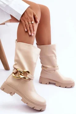 Online Boto Skórzane Kozaki Na Płaskim Obcasie Beżowe Diominna