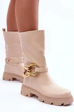 Online Boto Skórzane Kozaki Na Płaskim Obcasie Beżowe Diominna