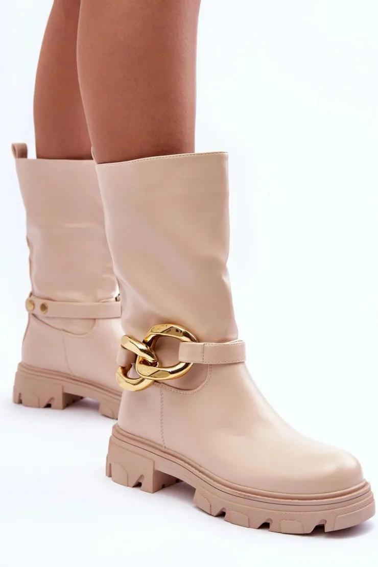 Online Boto Skórzane Kozaki Na Płaskim Obcasie Beżowe Diominna