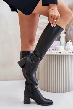 Buty Sergio Leone Kozaki Przed Kolano|Kozaki Na Obcasie*Skórzane Kozaki Na Słupku Przed Kolano Ocieplane Sergio Leone KZ231-S Czarne