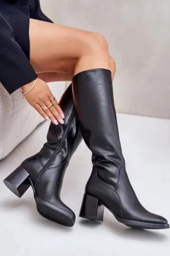 Buty Sergio Leone Kozaki Przed Kolano|Kozaki Na Obcasie*Skórzane Kozaki Na Słupku Przed Kolano Ocieplane Sergio Leone KZ231-S Czarne