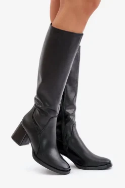 Buty Sergio Leone Kozaki Przed Kolano|Kozaki Na Obcasie*Skórzane Kozaki Na Słupku Przed Kolano Ocieplane Sergio Leone KZ231-S Czarne