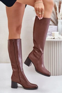 Hot Buty Sergio Leone Skórzane Kozaki Na Słupku Przed Kolano Ocieplane Sergio Leone KZ231-S Brązowe