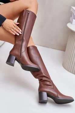 Hot Buty Sergio Leone Skórzane Kozaki Na Słupku Przed Kolano Ocieplane Sergio Leone KZ231-S Brązowe