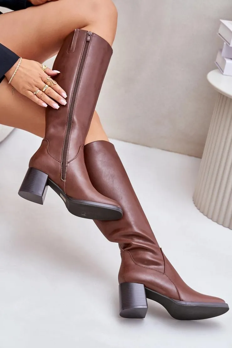 Hot Buty Sergio Leone Skórzane Kozaki Na Słupku Przed Kolano Ocieplane Sergio Leone KZ231-S Brązowe