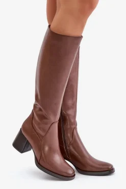 Hot Buty Sergio Leone Skórzane Kozaki Na Słupku Przed Kolano Ocieplane Sergio Leone KZ231-S Brązowe