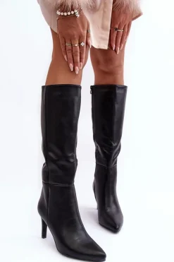 Damskie Boto Skórzane Kozaki Na Szpilce Przed Kolano Czarne Serpens