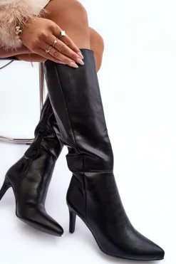 Damskie Boto Skórzane Kozaki Na Szpilce Przed Kolano Czarne Serpens