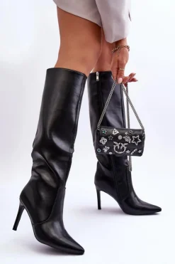 Damskie Boto Skórzane Kozaki Na Szpilce Czarne Melisandra