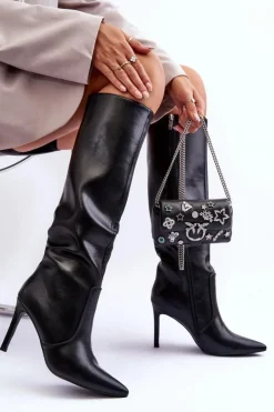 Damskie Boto Skórzane Kozaki Na Szpilce Czarne Melisandra