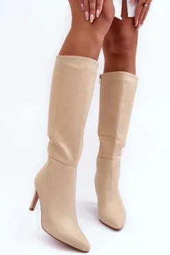 Boto Kozaki Wiosenne|Kozaki Przed Kolano*Skórzane Kozaki Na Szpilce Przed Kolano Beżowe Serpens