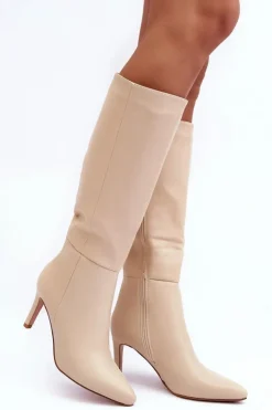 Boto Kozaki Wiosenne|Kozaki Przed Kolano*Skórzane Kozaki Na Szpilce Przed Kolano Beżowe Serpens