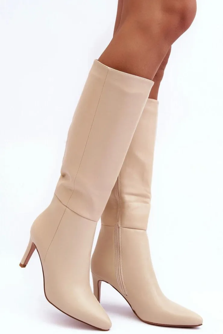 Boto Kozaki Wiosenne|Kozaki Przed Kolano*Skórzane Kozaki Na Szpilce Przed Kolano Beżowe Serpens