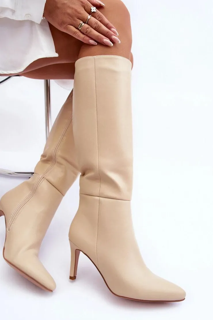 Boto Kozaki Wiosenne|Kozaki Przed Kolano*Skórzane Kozaki Na Szpilce Przed Kolano Beżowe Serpens