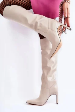 Damskie Boto Skórzane Kozaki Na Szpilce Beżowe Rissa