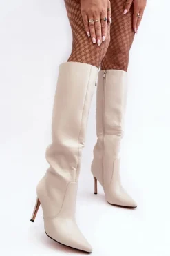 Hot Boto Skórzane Kozaki Na Szpilce Beżowe Melisandra