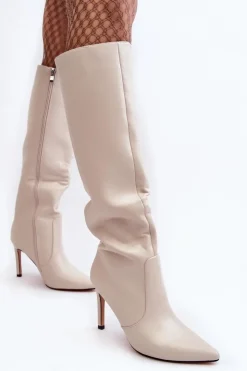 Hot Boto Skórzane Kozaki Na Szpilce Beżowe Melisandra
