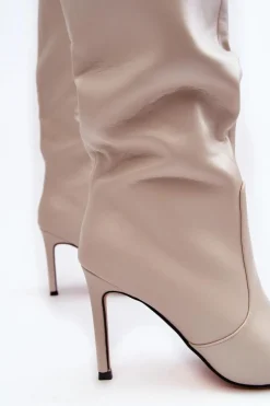 Hot Boto Skórzane Kozaki Na Szpilce Beżowe Melisandra