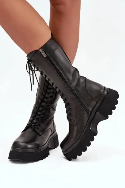 Best Artiker Skórzane Kozaki Ocieplane Na Platformie 57C2282 Czarne