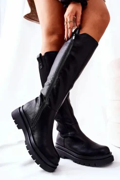 Clearance Evento Skórzane Kozaki Ocieplane Czarne Panaris