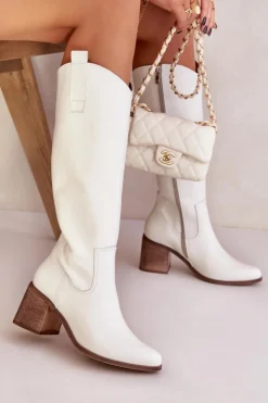 Damskie Boto Skórzane Kozaki Przed Kolano Na Słupku Zazoo 3675 Białe