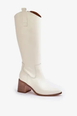 Damskie Boto Skórzane Kozaki Przed Kolano Na Słupku Zazoo 3675 Białe