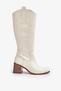 Damskie Boto Skórzane Kozaki Przed Kolano Na Słupku Zazoo 3675 Białe