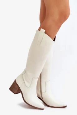 Damskie Boto Skórzane Kozaki Przed Kolano Na Słupku Zazoo 3675 Białe