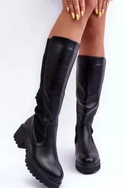 Damskie Boto Skórzane Kozaki Przed Kolano Czarne Fenwella
