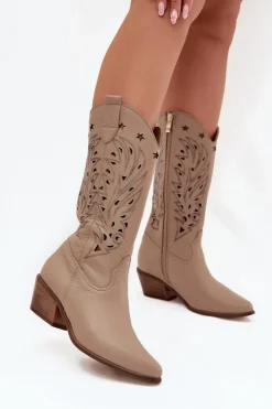 Boto Skórzane Kozaki Z Ażurową Cholewką Zazoo 3714 Ciemnobeżowe Beżowy