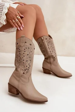 Boto Skórzane Kozaki Z Ażurową Cholewką Zazoo 3714 Ciemnobeżowe Beżowy