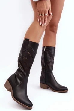 Boto Kozaki Na Słupku|Kozaki Wiosenne*Skórzane Kozaki Z Ażurowym Wzorem Czarne Sierra Czarny