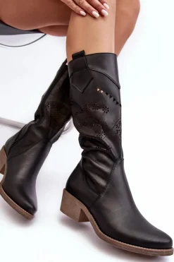 Boto Kozaki Na Słupku|Kozaki Wiosenne*Skórzane Kozaki Z Ażurowym Wzorem Czarne Sierra Czarny