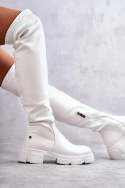 Damskie GOE Skórzane Kozaki Za Kolano Na Płaskim Obcasie KK2N4022 Białe