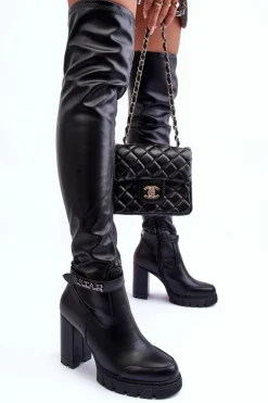 Sale Boto Skórzane Kozaki Za Kolano Na Masywnym Słupku Czarne Kytia