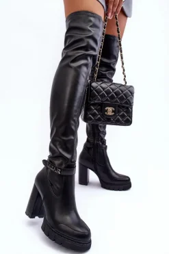 Sale Boto Skórzane Kozaki Za Kolano Na Masywnym Słupku Czarne Kytia