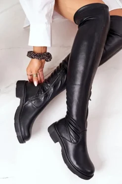 Damskie Boto Skórzane Kozaki Za Kolano Czarne Selina
