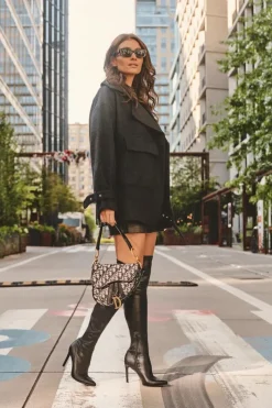 Damskie Boto Skórzane Kozaki Za Kolano Na Szpilce Czarne Zolno