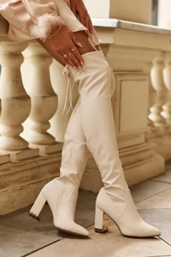 Damskie Boto Skórzane Kozaki Za Kolano Na Słupku Jasnobeżowe Amalitas