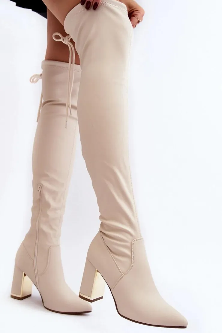 Damskie Boto Skórzane Kozaki Za Kolano Na Słupku Jasnobeżowe Amalitas