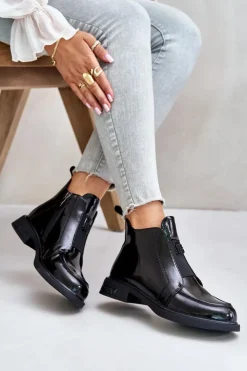 Damskie buty S.Barski Czarne Botki|Botki Płaskie*Skórzane Lakierowane Botki Damskie Na Zamek D&A JC42-24 Czarne