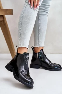 Damskie buty S.Barski Czarne Botki|Botki Płaskie*Skórzane Lakierowane Botki Damskie Na Zamek D&A JC42-24 Czarne