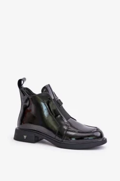 Damskie buty S.Barski Czarne Botki|Botki Płaskie*Skórzane Lakierowane Botki Damskie Na Zamek D&A JC42-24 Czarne