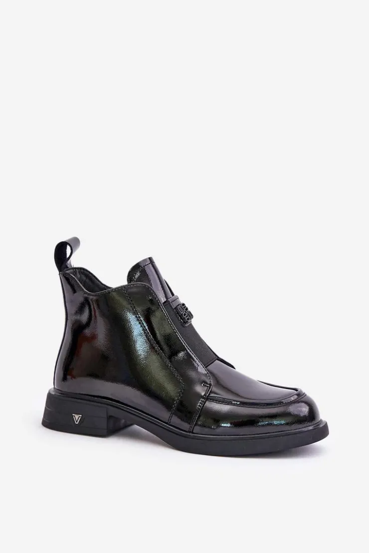 Damskie buty S.Barski Czarne Botki|Botki Płaskie*Skórzane Lakierowane Botki Damskie Na Zamek D&A JC42-24 Czarne