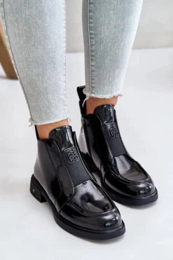 Damskie buty S.Barski Czarne Botki|Botki Płaskie*Skórzane Lakierowane Botki Damskie Na Zamek D&A JC42-24 Czarne