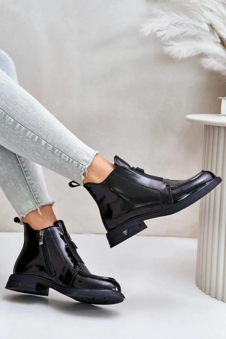 Damskie buty S.Barski Czarne Botki|Botki Płaskie*Skórzane Lakierowane Botki Damskie Na Zamek D&A JC42-24 Czarne