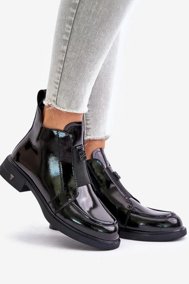 Damskie buty S.Barski Czarne Botki|Botki Płaskie*Skórzane Lakierowane Botki Damskie Na Zamek D&A JC42-24 Czarne