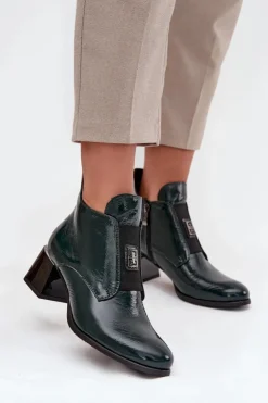 Zazoo Botki Ocieplane|Botki Zimowe Damskie*Skórzane Lakierowane Botki Na Klocku Z Ozdobnym Detalem Ocieplane 60560 Ciemnozielone Zielony