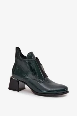 Zazoo Botki Ocieplane|Botki Zimowe Damskie*Skórzane Lakierowane Botki Na Klocku Z Ozdobnym Detalem Ocieplane 60560 Ciemnozielone Zielony